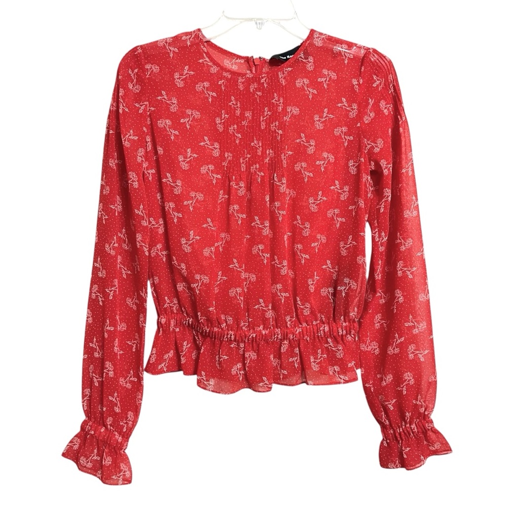 The Kooples Bloom Boho Sheer Floral Top Womens S 4 NWT Red Ruffle Balloon Sleeve